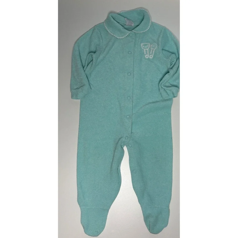 Vintage 18M Carters Teal Sleeper Baseball  Set Blue White Retro Infant Baby